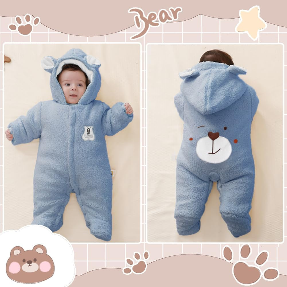 Newborn Fleece Footie Jumpsuit Hooded Warm Thicken Winter Outwear Snowsuit for Baby Girls and Boys