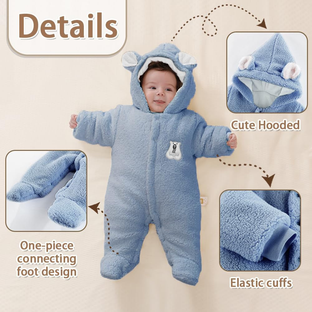 Newborn Fleece Footie Jumpsuit Hooded Warm Thicken Winter Outwear Snowsuit for Baby Girls and Boys