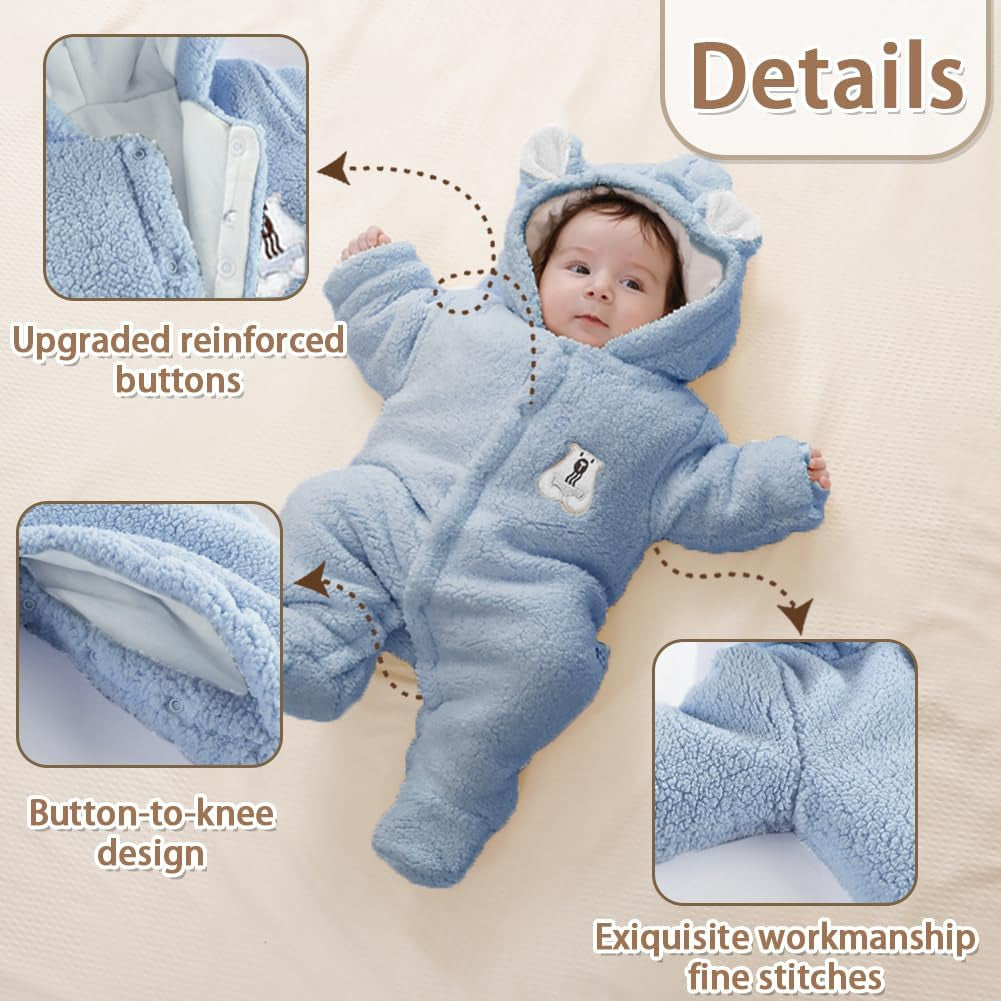 Newborn Fleece Footie Jumpsuit Hooded Warm Thicken Winter Outwear Snowsuit for Baby Girls and Boys