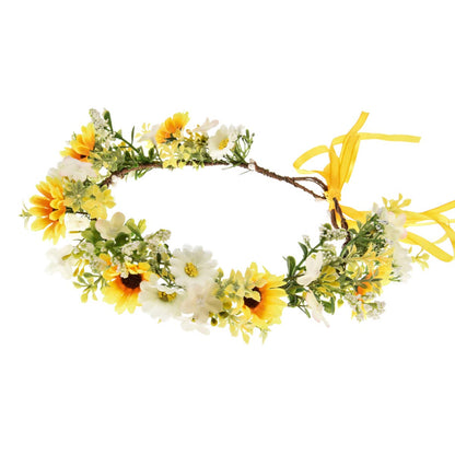 Woodland Wedding Daisy Flower Crown Boho Sunflower Hair Garland Girls Green Leaf Hair Wreath XM08 (Small Yellow White)