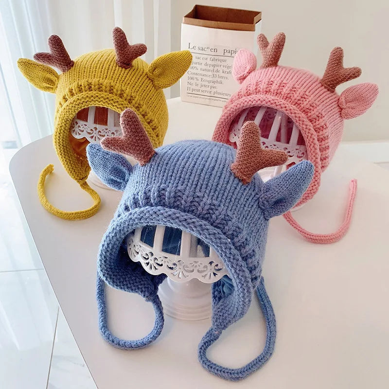 Cute Elk Antlers Baby Hat Winter Warm Knitted Baby Boy Girl Cap Ear Protection Hats Solid Color Kids Children Cap Beanies Bonnet
