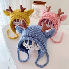 Cute Elk Antlers Baby Hat Winter Warm Knitted Baby Boy Girl Cap Ear Protection Hats Solid Color Kids Children Cap Beanies Bonnet