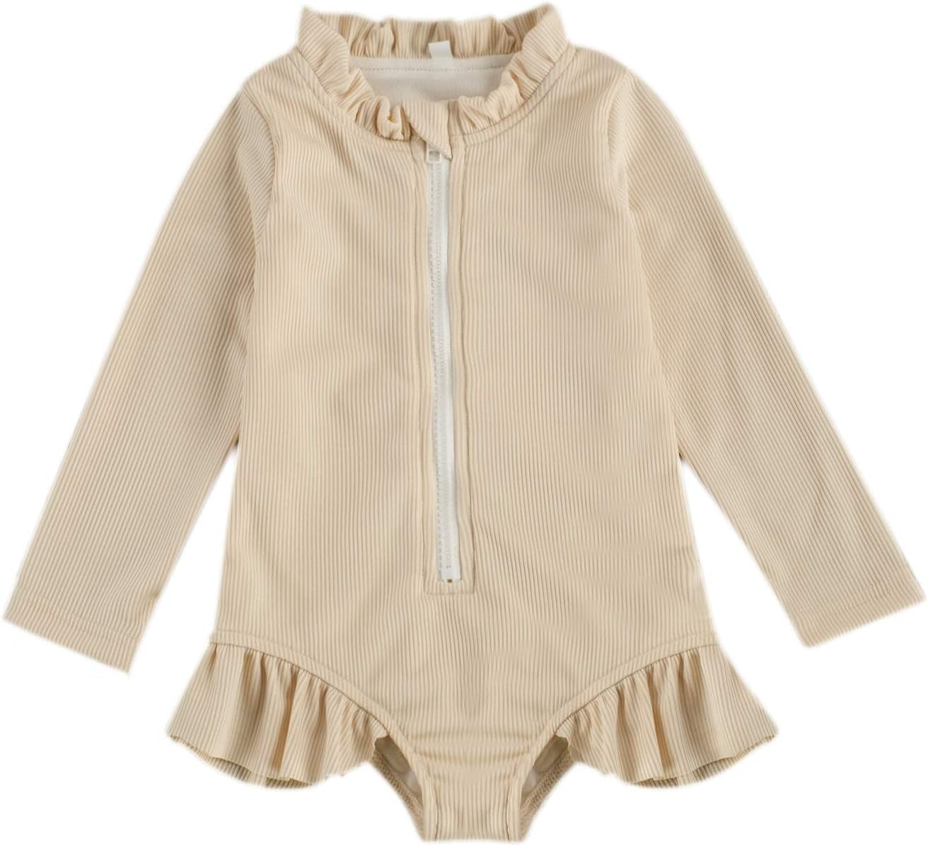 Baby Girls One Piece Swimsuit Zip Rash Guard Swimwear Ruffled Long Sleeve Bathing Suit