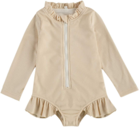 Baby Girls One Piece Swimsuit Zip Rash Guard Swimwear Ruffled Long Sleeve Bathing Suit