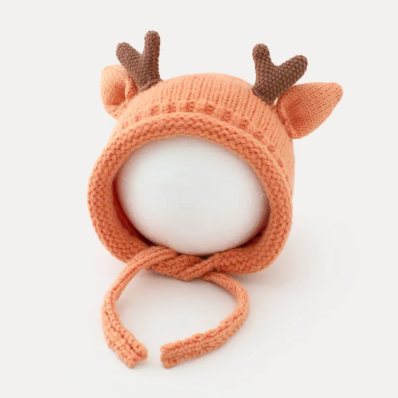 Cute Elk Antlers Baby Hat Winter Warm Knitted Baby Boy Girl Cap Ear Protection Hats Solid Color Kids Children Cap Beanies Bonnet