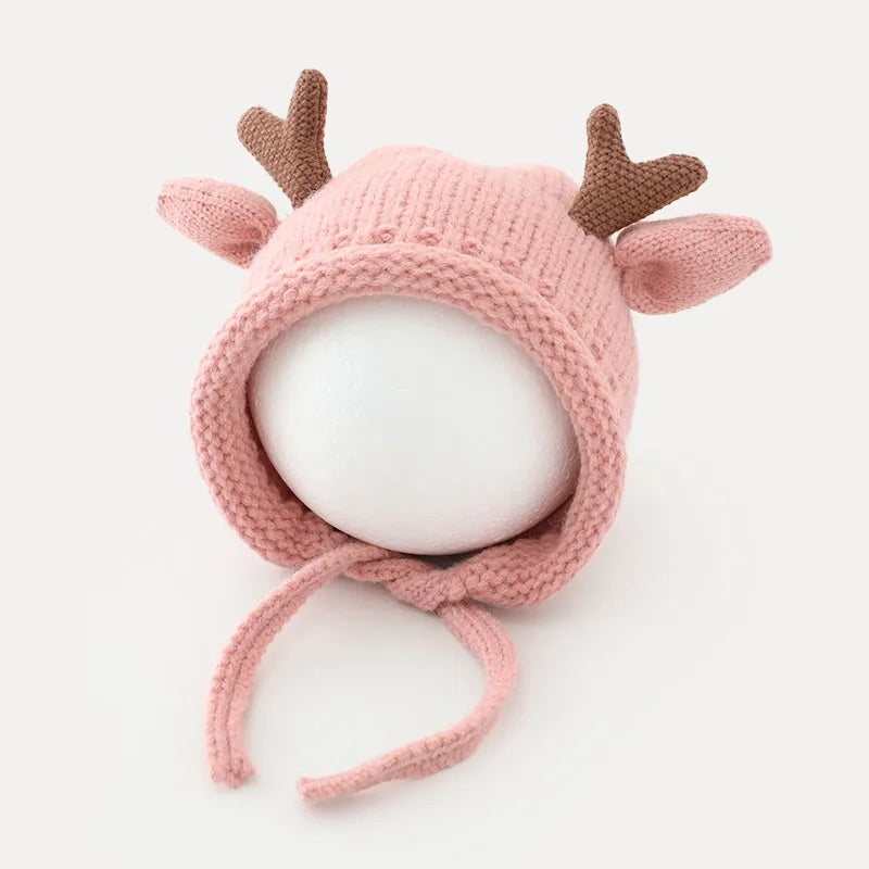 Cute Elk Antlers Baby Hat Winter Warm Knitted Baby Boy Girl Cap Ear Protection Hats Solid Color Kids Children Cap Beanies Bonnet
