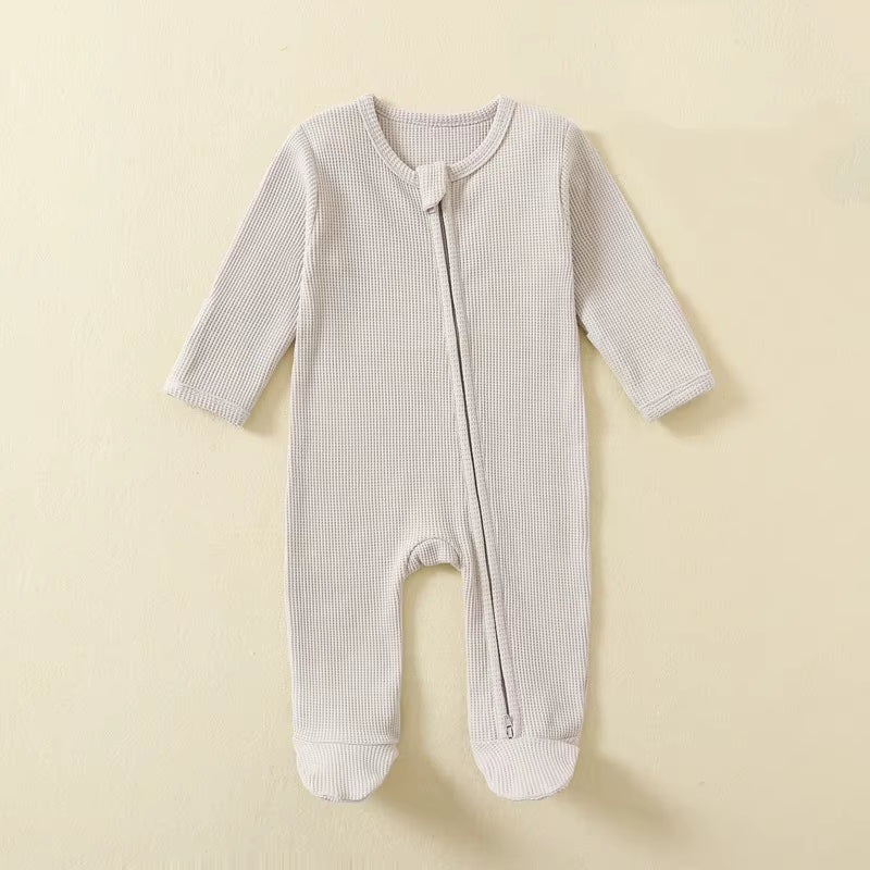Organic Cotton Baby Rompers Waffle 100% Cotton Infant Boys Girls Jumpsuit Zipper Footed Solid Long-Sleeve Pajamas Sleepsuits