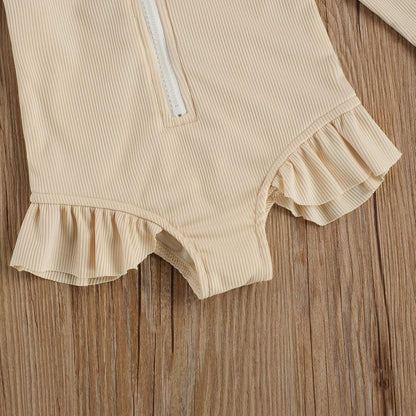 Baby Girls One Piece Swimsuit Zip Rash Guard Swimwear Ruffled Long Sleeve Bathing Suit