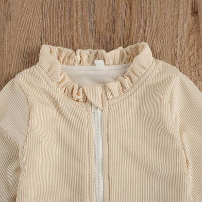 Baby Girls One Piece Swimsuit Zip Rash Guard Swimwear Ruffled Long Sleeve Bathing Suit