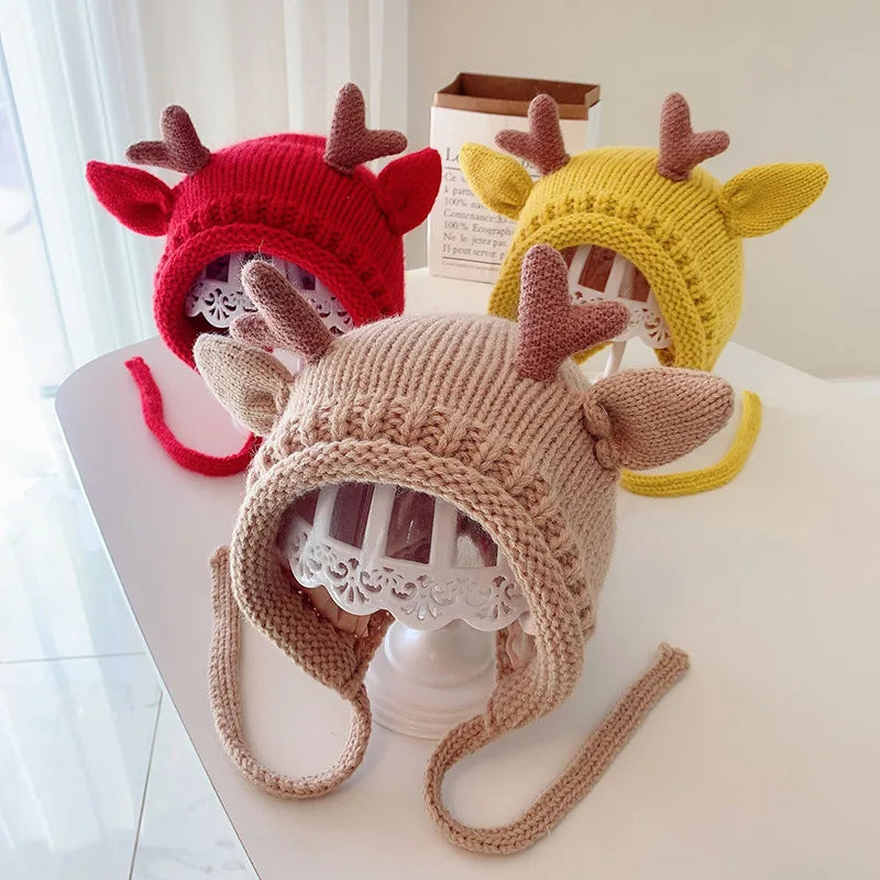 Cute Elk Antlers Baby Hat Winter Warm Knitted Baby Boy Girl Cap Ear Protection Hats Solid Color Kids Children Cap Beanies Bonnet