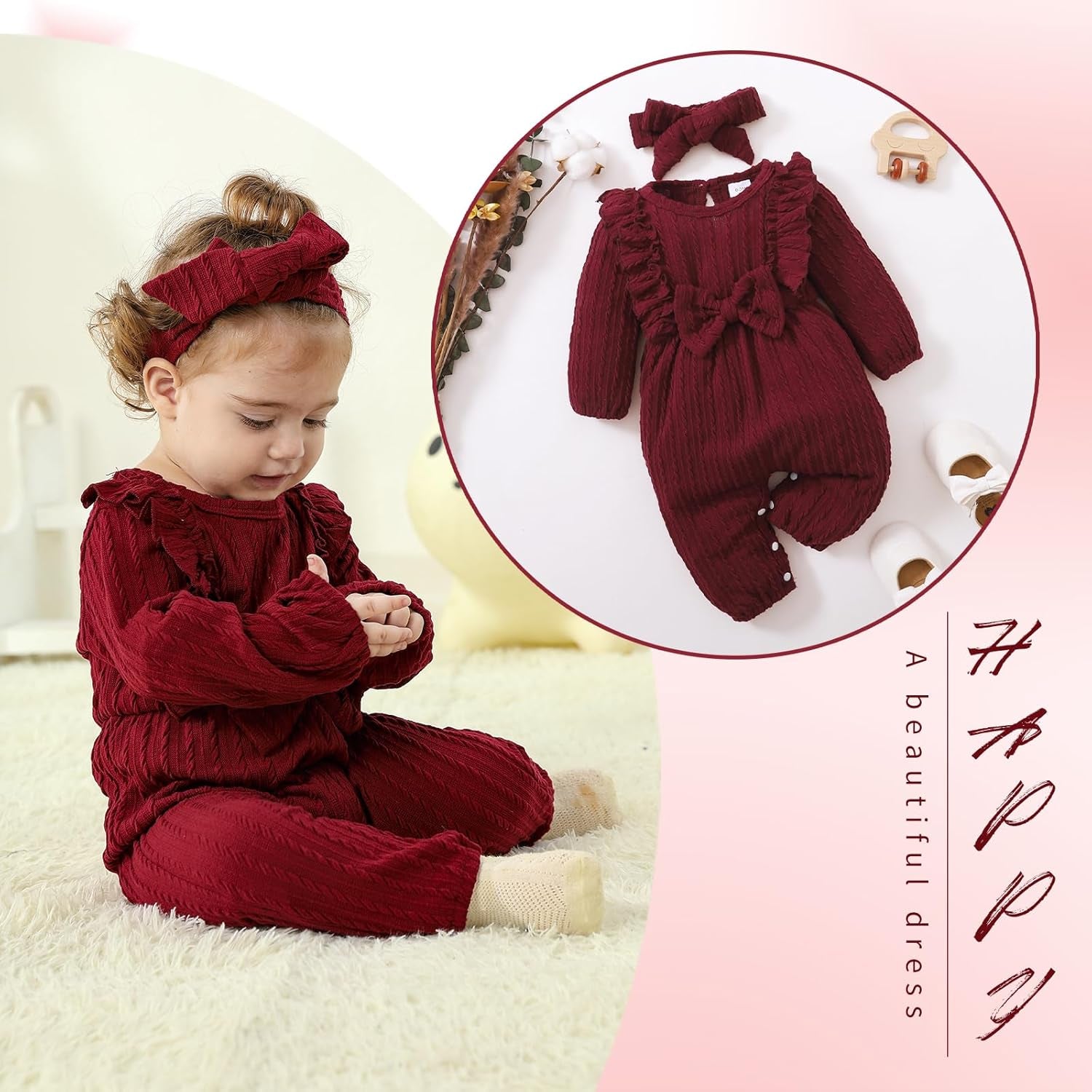 Baby Girl Romper Infant Fall Winter Clothes Ruffle Sweater Long Sleeve Bodysuit Jumpsuit and Headband
