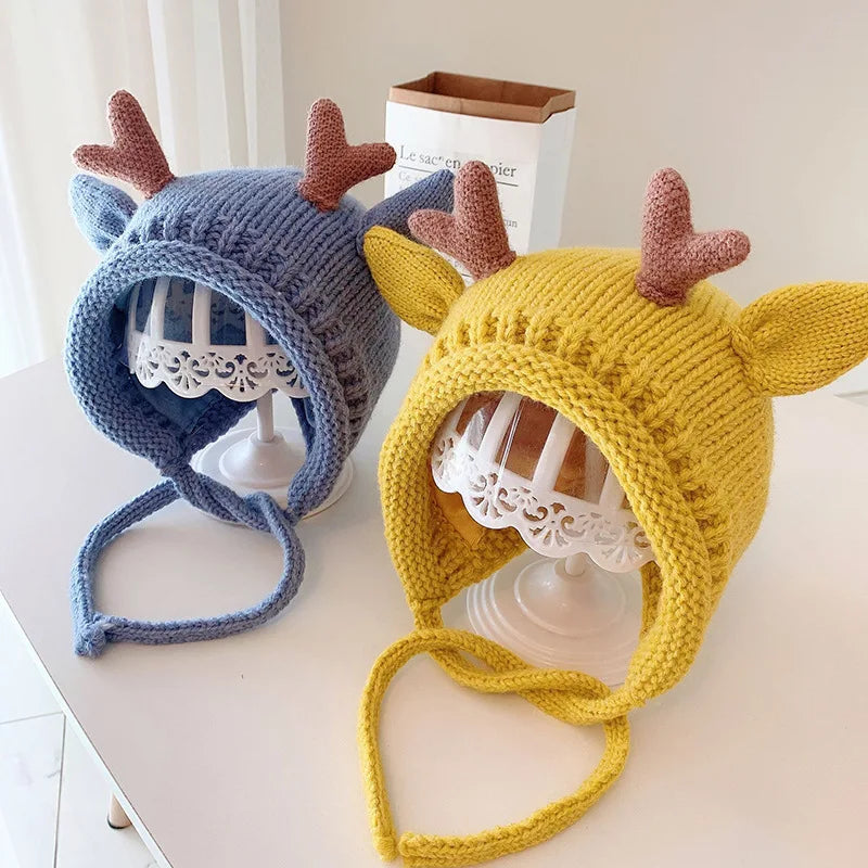 Cute Elk Antlers Baby Hat Winter Warm Knitted Baby Boy Girl Cap Ear Protection Hats Solid Color Kids Children Cap Beanies Bonnet