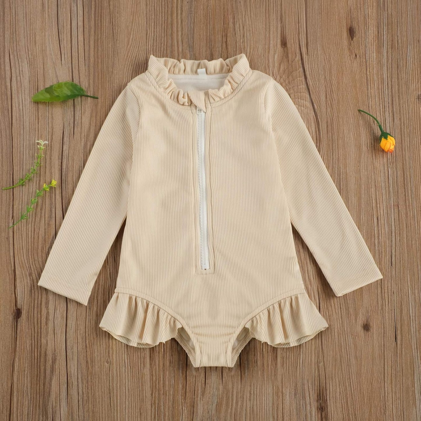 Baby Girls One Piece Swimsuit Zip Rash Guard Swimwear Ruffled Long Sleeve Bathing Suit