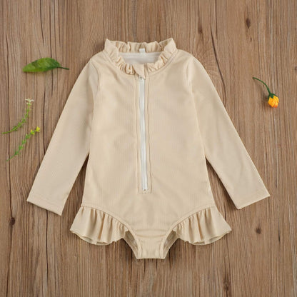 Baby Girls One Piece Swimsuit Zip Rash Guard Swimwear Ruffled Long Sleeve Bathing Suit