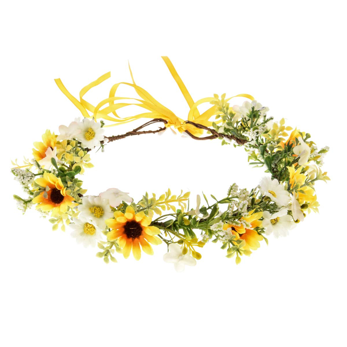 Woodland Wedding Daisy Flower Crown Boho Sunflower Hair Garland Girls Green Leaf Hair Wreath XM08 (Small Yellow White)