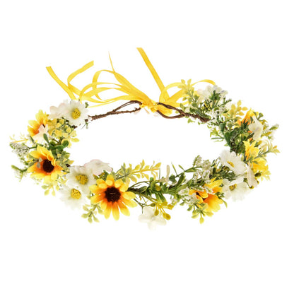 Woodland Wedding Daisy Flower Crown Boho Sunflower Hair Garland Girls Green Leaf Hair Wreath XM08 (Small Yellow White)