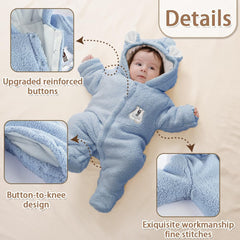 Newborn Fleece Footie Jumpsuit Hooded Warm Thicken Winter Outwear Snowsuit for Baby Girls and Boys