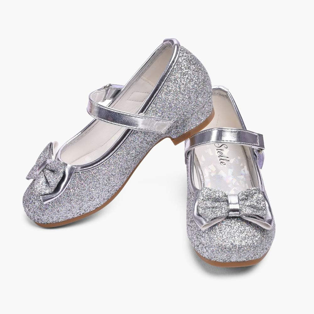 Girls Mary Jane Glitter Shoes Low Heel Princess Flower Wedding Party Dress Pump Shoes for Kids Toddler