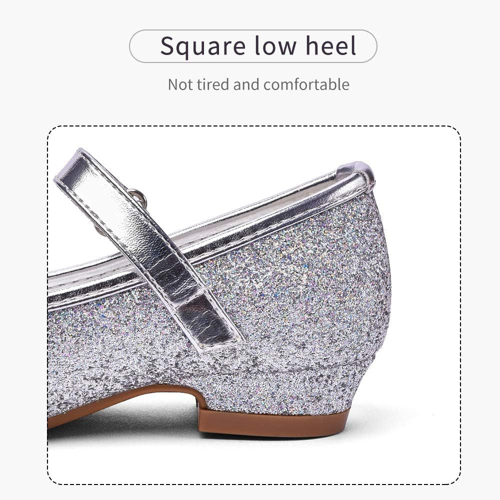 Girls Mary Jane Glitter Shoes Low Heel Princess Flower Wedding Party Dress Pump Shoes for Kids Toddler