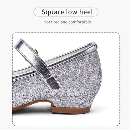 Girls Mary Jane Glitter Shoes Low Heel Princess Flower Wedding Party Dress Pump Shoes for Kids Toddler