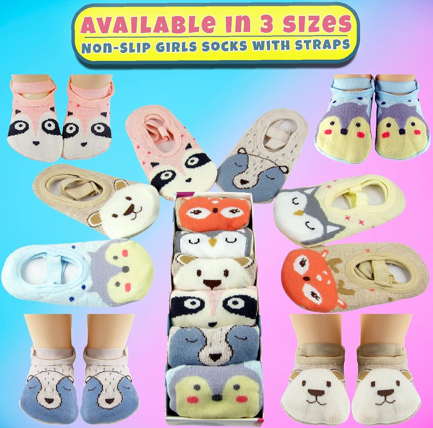 Baby Toddler Girls Grip Socks Gripper Straps Ages 1-3 Year Old anti Slip Animal Socks Age 1 Girls Gift Set