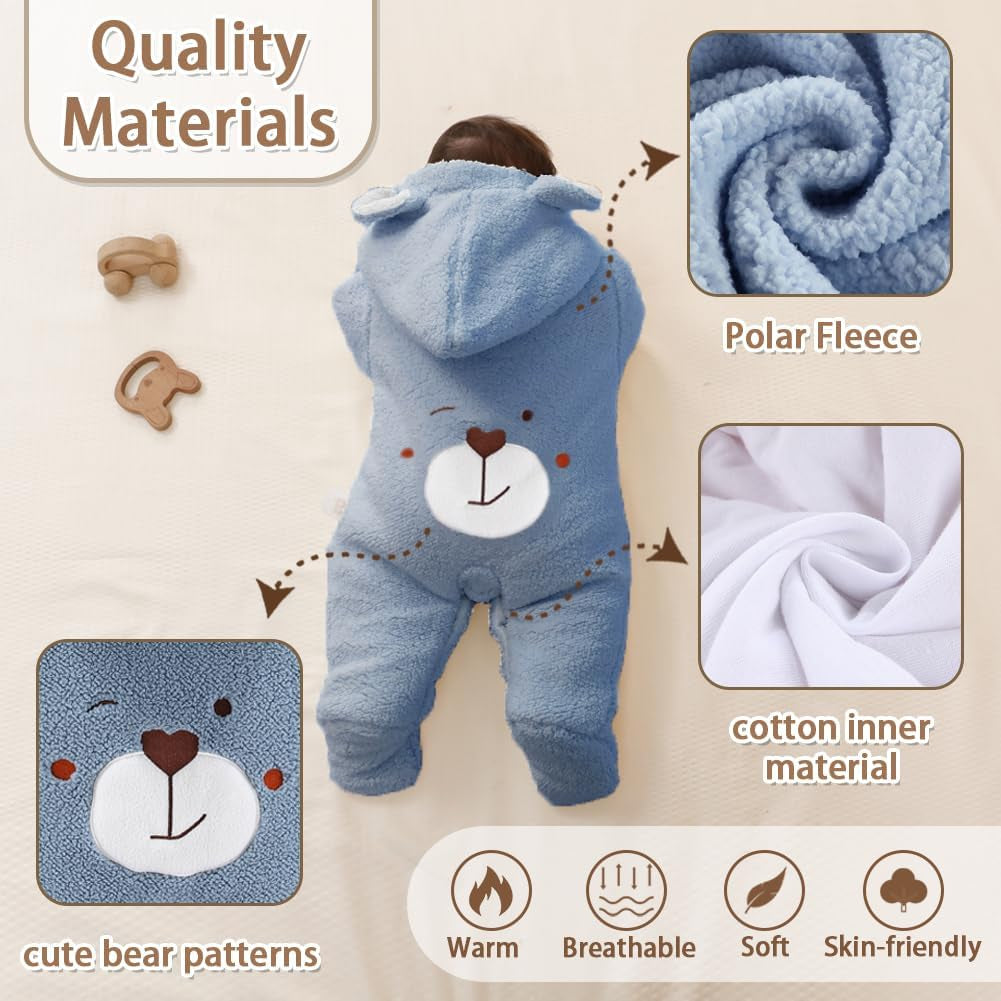 Newborn Fleece Footie Jumpsuit Hooded Warm Thicken Winter Outwear Snowsuit for Baby Girls and Boys