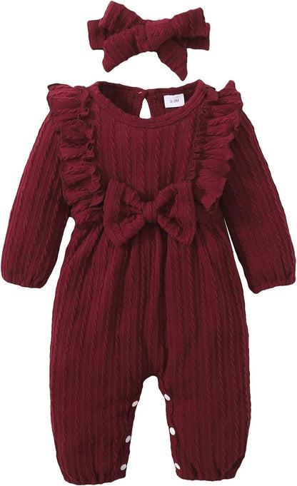 Baby Girl Romper Infant Fall Winter Clothes Ruffle Sweater Long Sleeve Bodysuit Jumpsuit and Headband