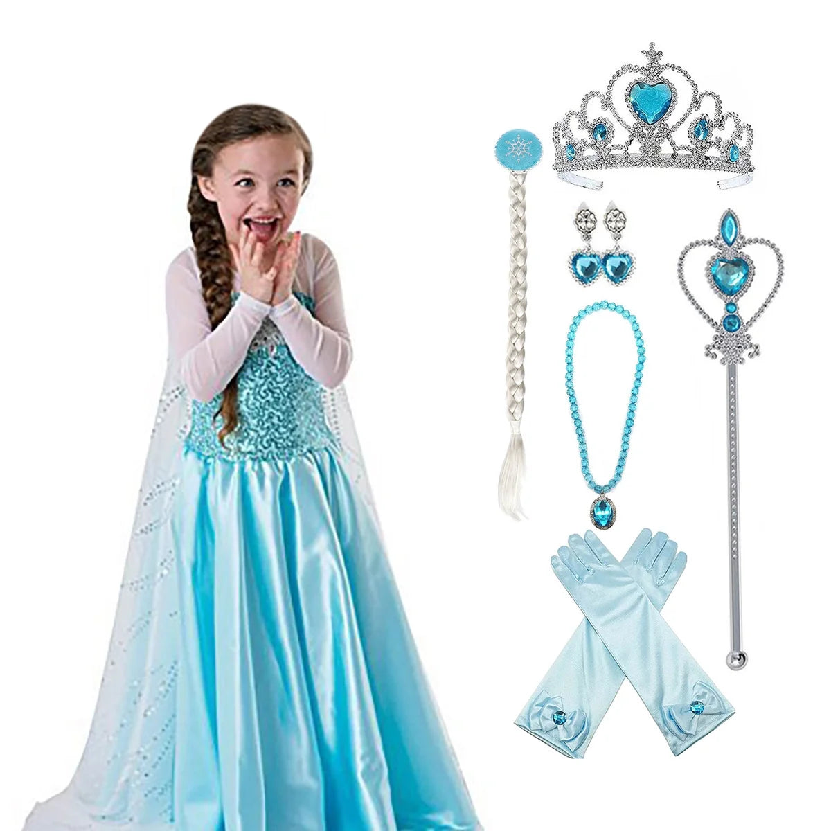 Princess Costumes Birthday Dress up for Little Girls with Crown,Wig,Gloves Accessories 2-7 Years