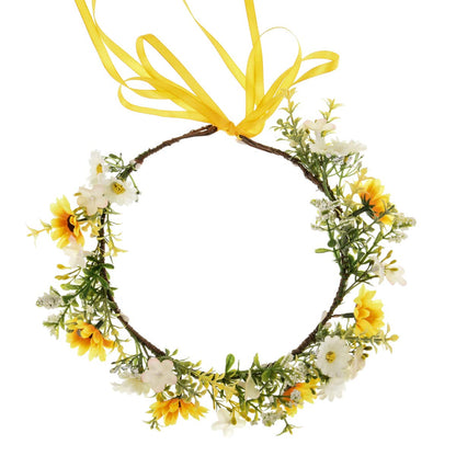 Woodland Wedding Daisy Flower Crown Boho Sunflower Hair Garland Girls Green Leaf Hair Wreath XM08 (Small Yellow White)